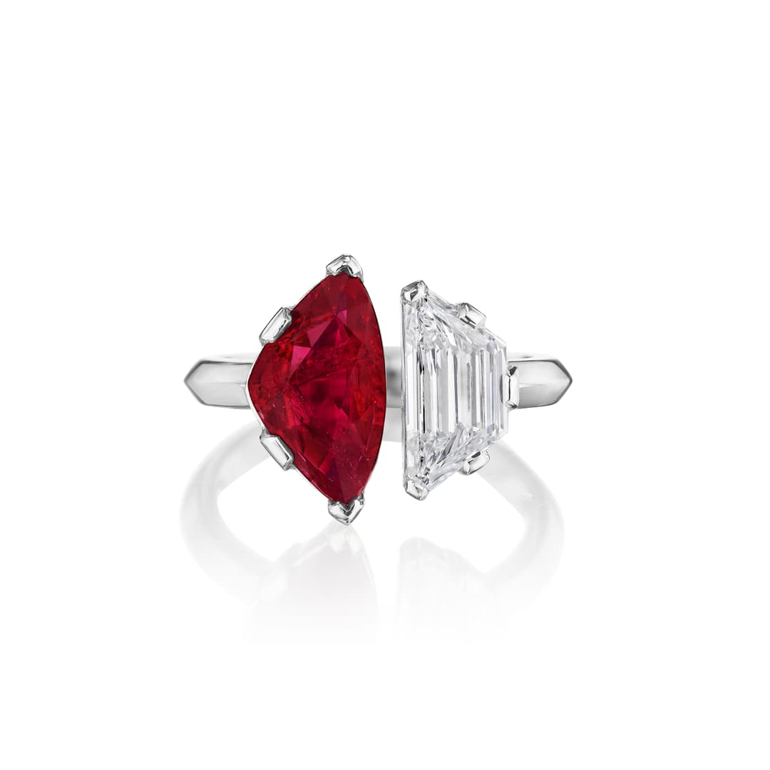 Platinum Diamond and Ruby Open Ring