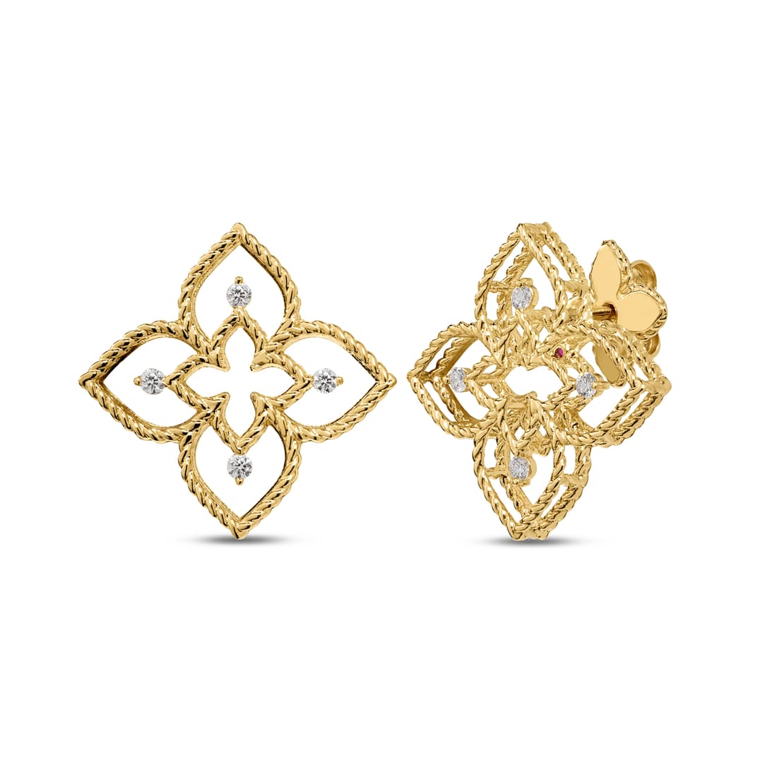 18K Yellow Gold Diamond Flower Earrings