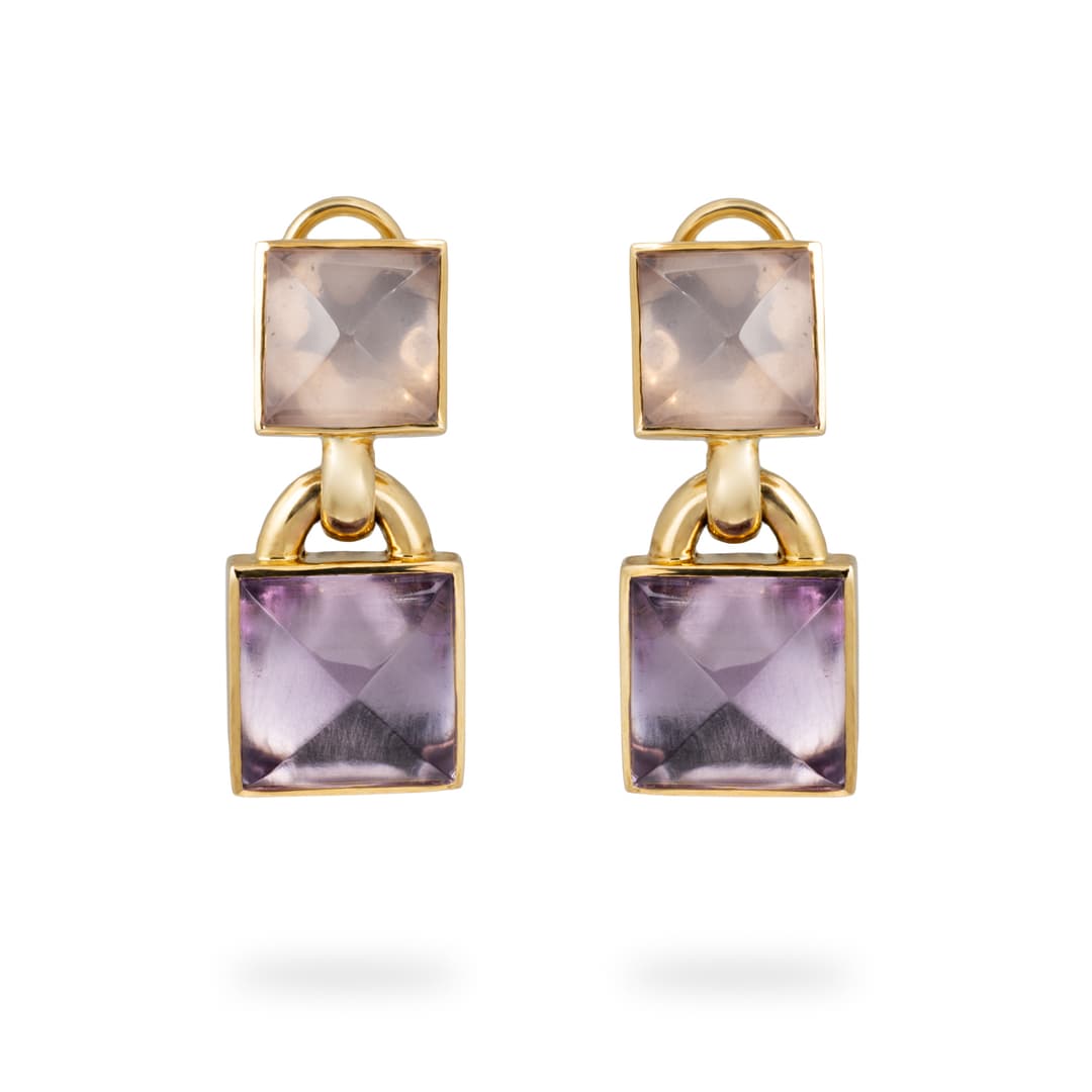 18K Yellow Gold Rose Quartz Pyramid Earrings