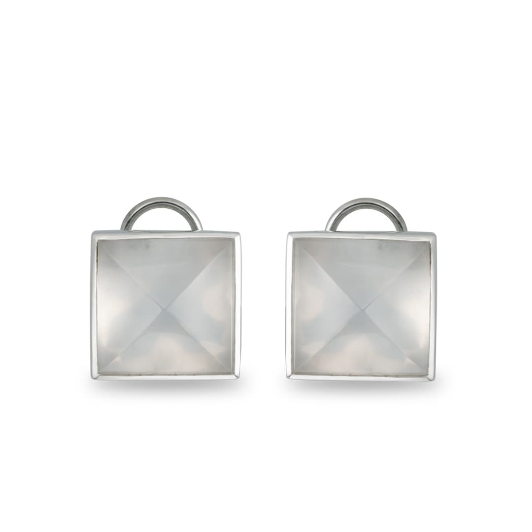 18K White Gold White Quartz Pyramid Earrings