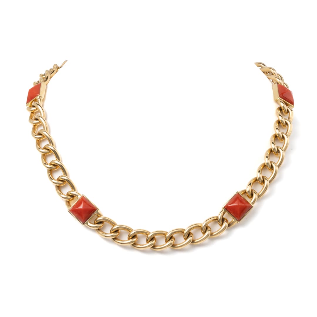 18K Yellow Gold Red Coral Necklace
