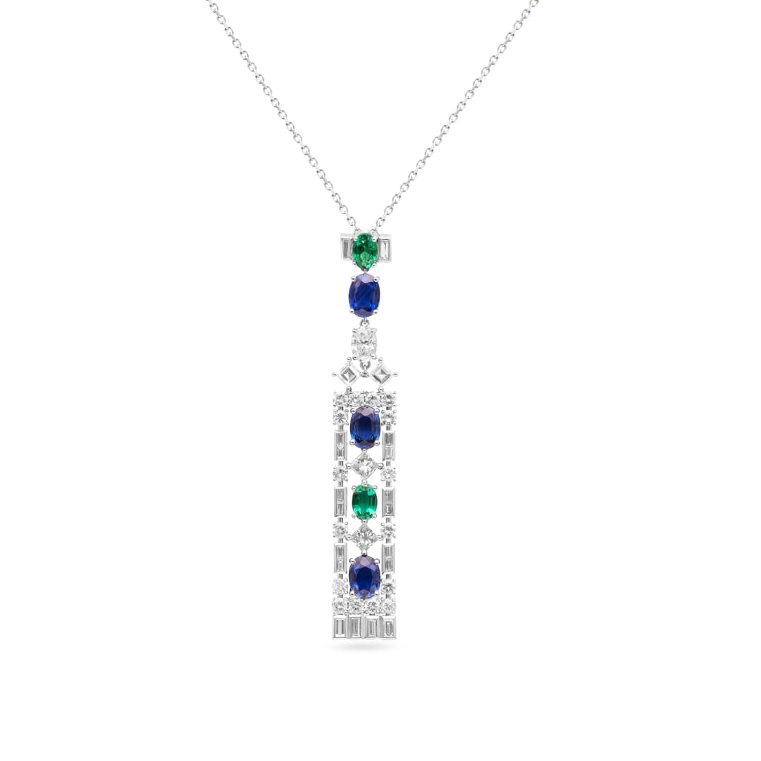 18K White Gold Emerald and Sapphire Pendant