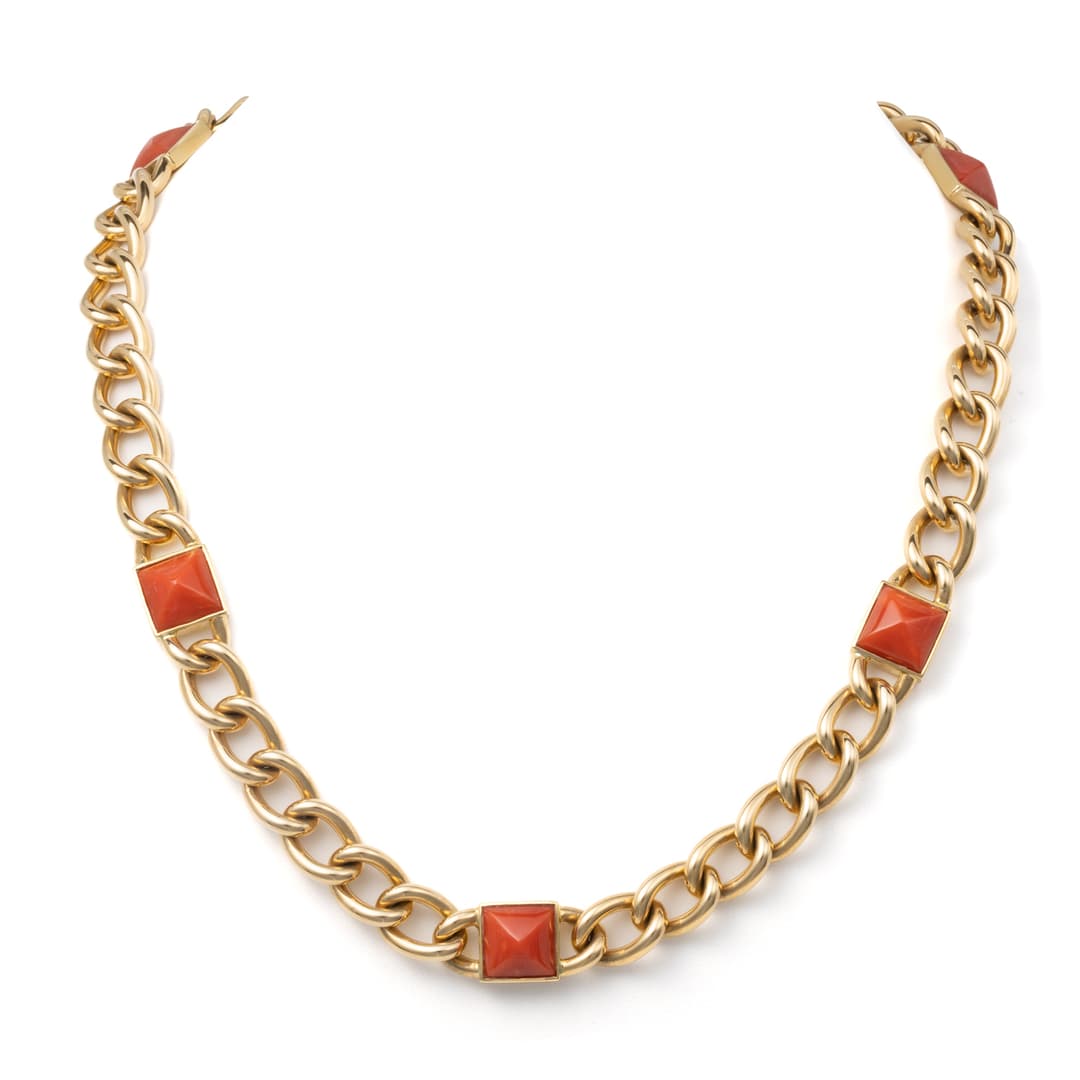 18K Yellow Gold Red Coral Pyramid Necklace