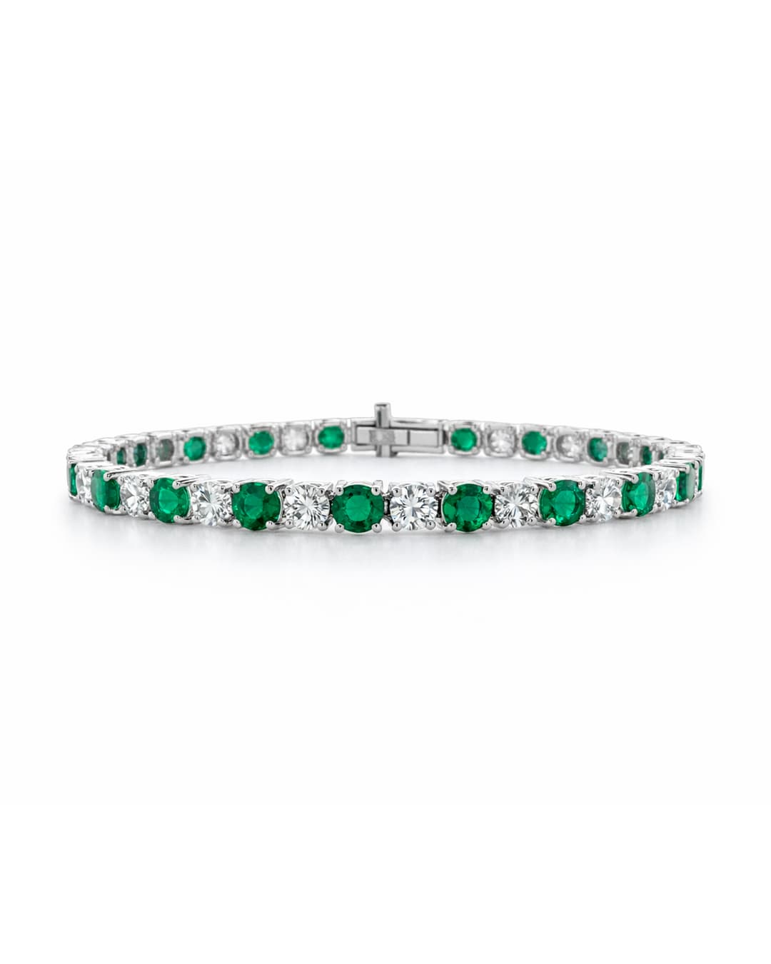 Platinum Diamond and Emerald Line Bracelet