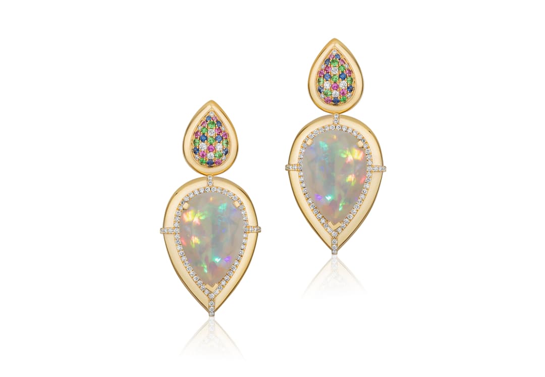 18K Yellow Gold Diamond and Opal Earrings