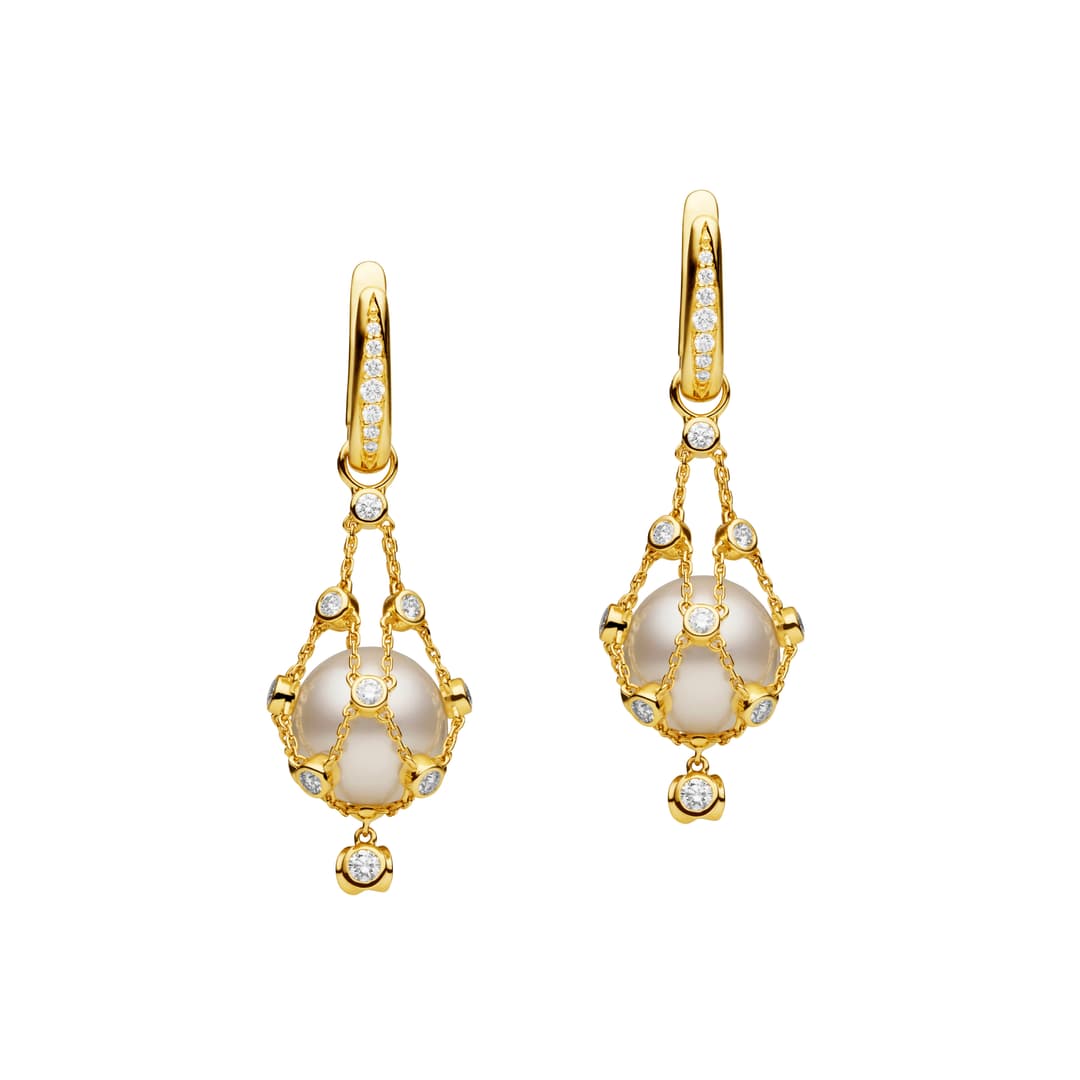 18K Yellow Gold Diamond Pearl Earrings