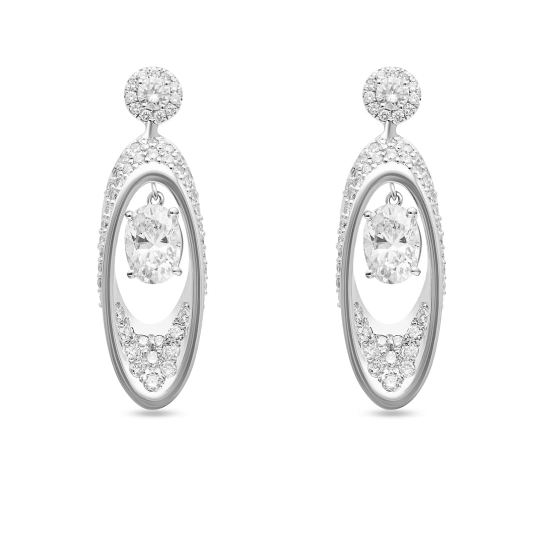 18K White Gold Oval Diamond Dangle Earrings