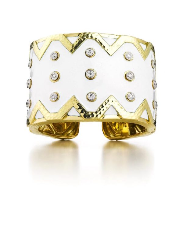 David Webb 18k Yellow Gold Diamond and White Enamel Bracelet
