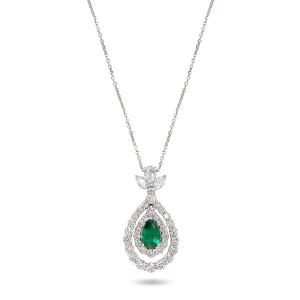 Yamron Collection 18K White Gold Diamond Emerald Pendant
