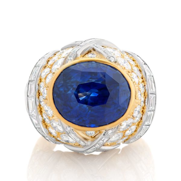 David Webb 18k Yellow Gold Platinum Diamond & Sapphire Ring