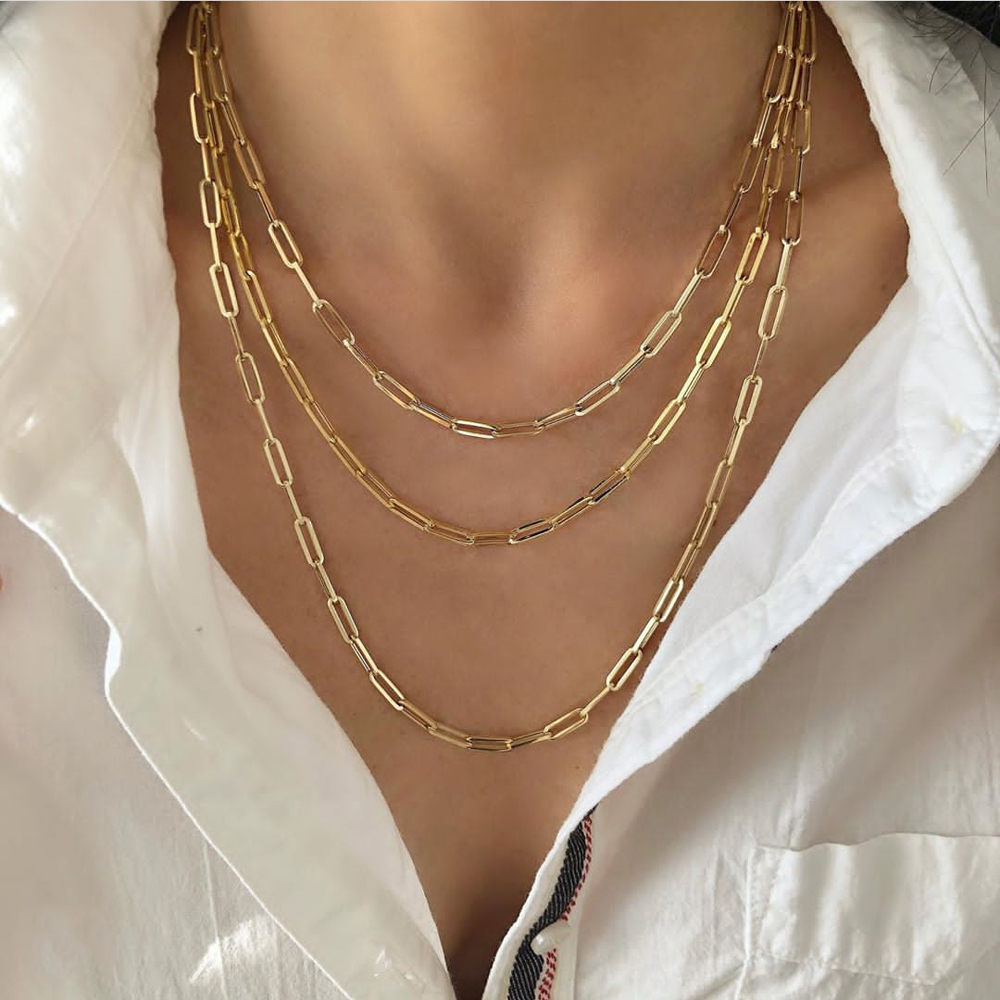 Italian Gold 3.5mm Hollow Paper Clip-Style and Squared Oval Link Choker  Necklace in 18K Gold - 16