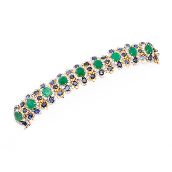 David Webb 18k Yellow Gold Diamond Sapphire and Emerald Bracelet