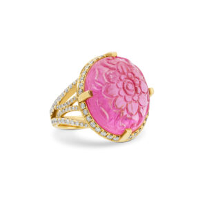 Goshwara 18K Yellow Gold Diamond Carved Pink Tourmaline Ring