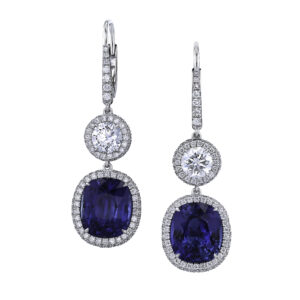 Joshua J Platinum Diamond Sapphire Halo Dangle Earrings