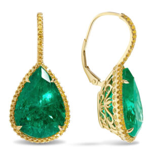 Yamron Collection 18K Yellow Gold Emerald and Yellow Diamond Earrings