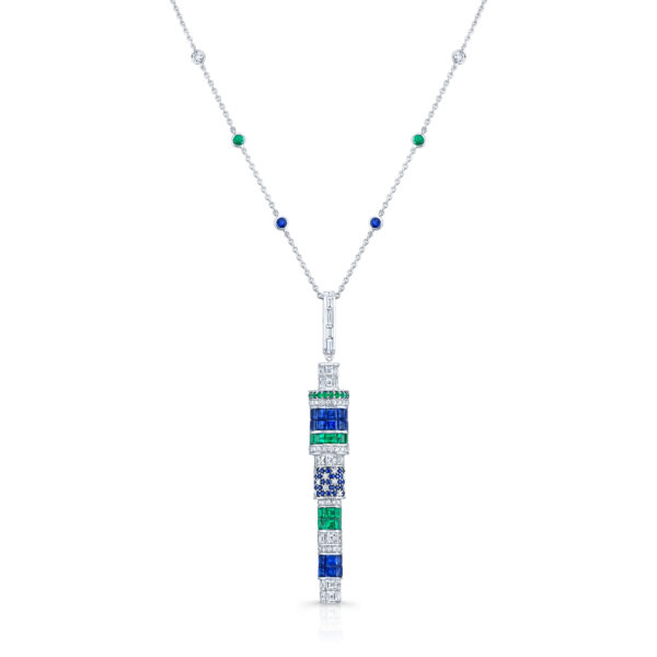 Robert Procop 18K White Gold Diamond Emerald Sapphire Kryptonite Necklace