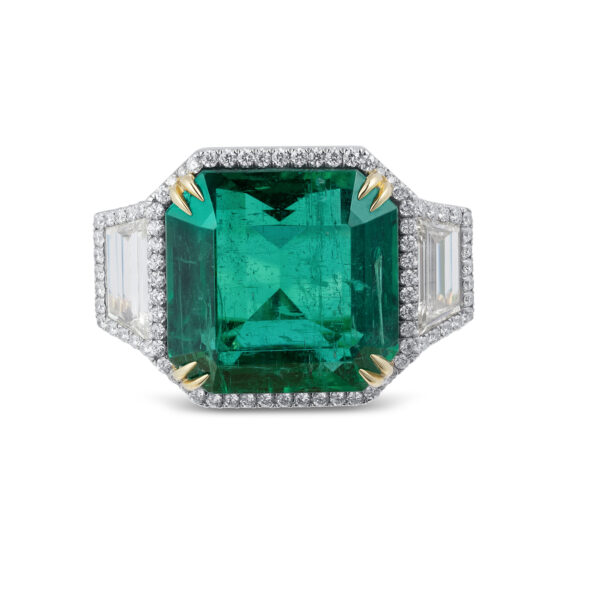 Yamron Collection Platinum 18K Yellow Gold Diamond Emerald Halo Ring
