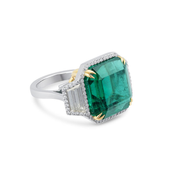 Yamron Collection Platinum 18K Yellow Gold Diamond Emerald Halo Ring