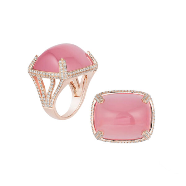 Goshwara 18K Rose Gold Diamond Rose Quartz Cabochon Ring